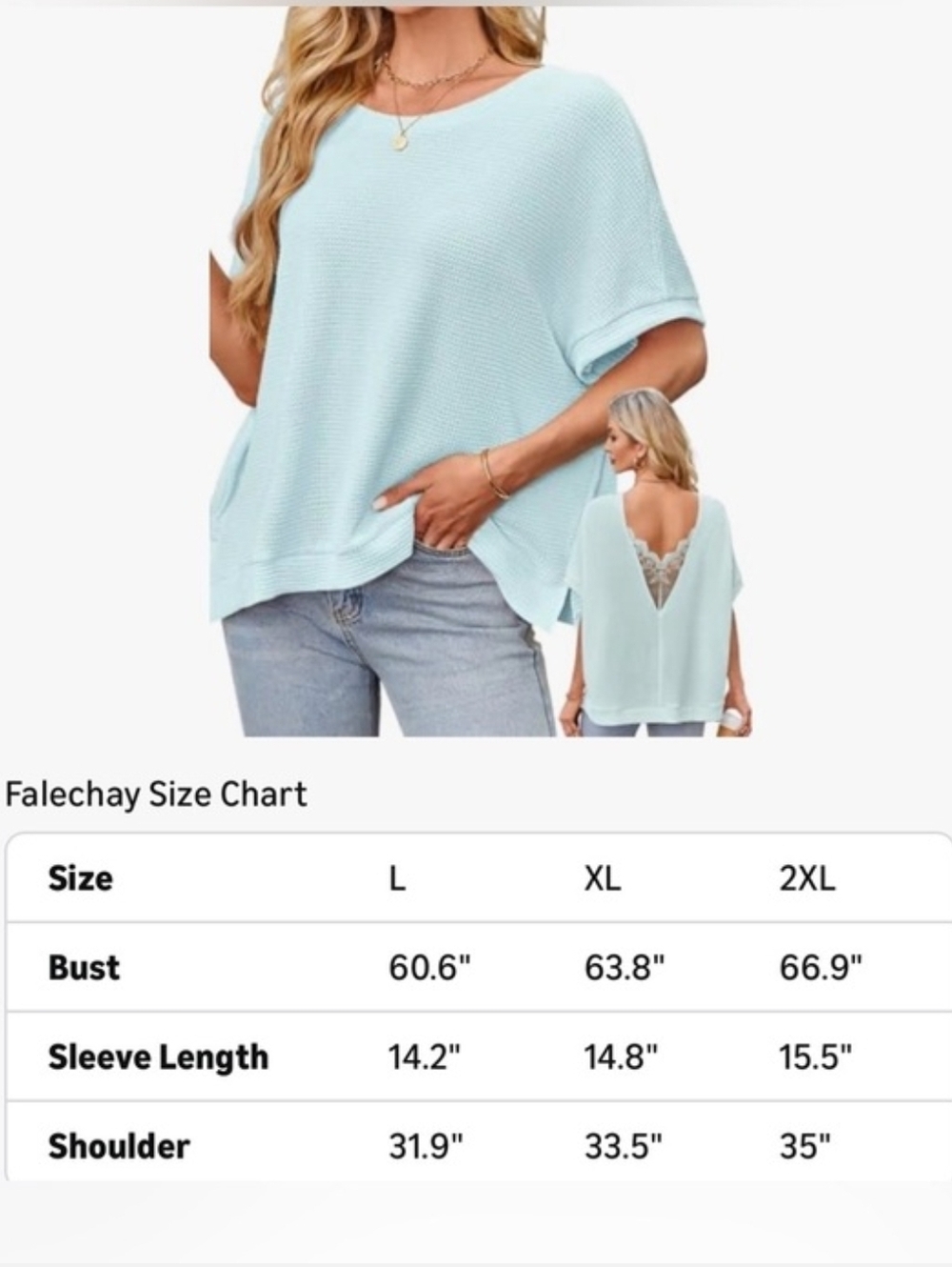 Falechay Casual Short Sleeve Waffle Knit Back-V Lace Oversized Loose Fit Tunic - Picture 5 of 7